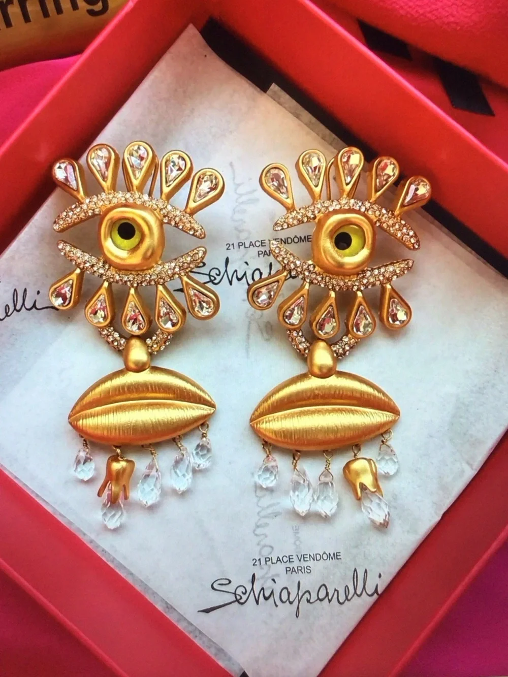 Schiaparelli Gold Eye & Lip Drop Earrings with Clear Crystal Accents